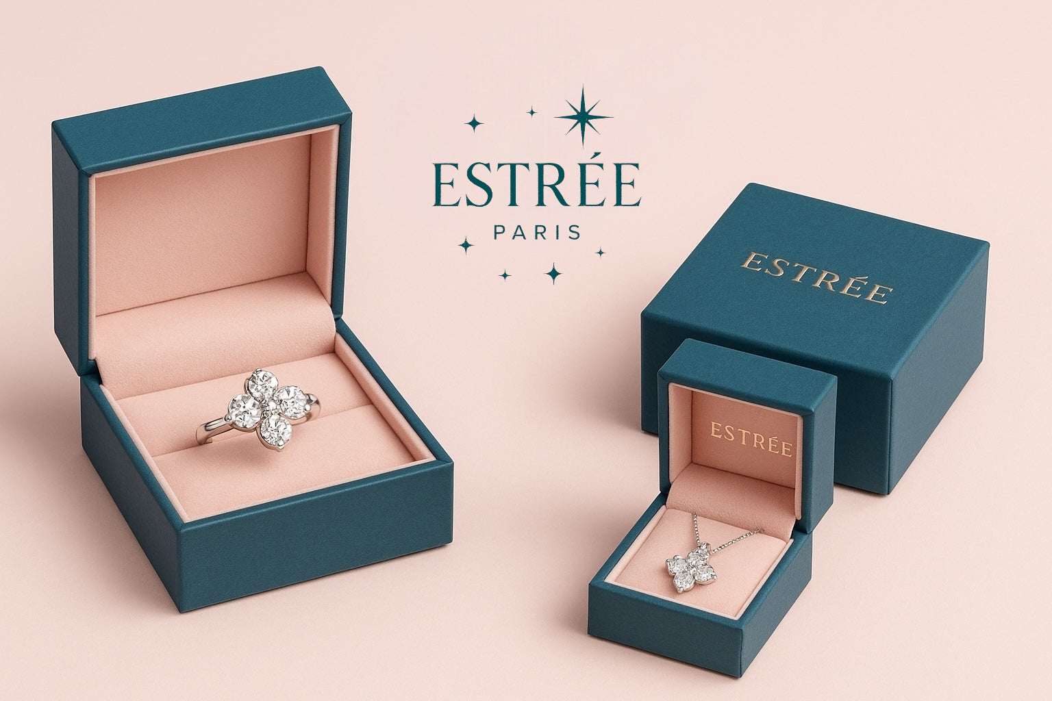 Collection de bijoux minimalistes Estrée Paris : sélection de bagues, colliers et boucles d'oreilles en argent 925  sur fond élégant.